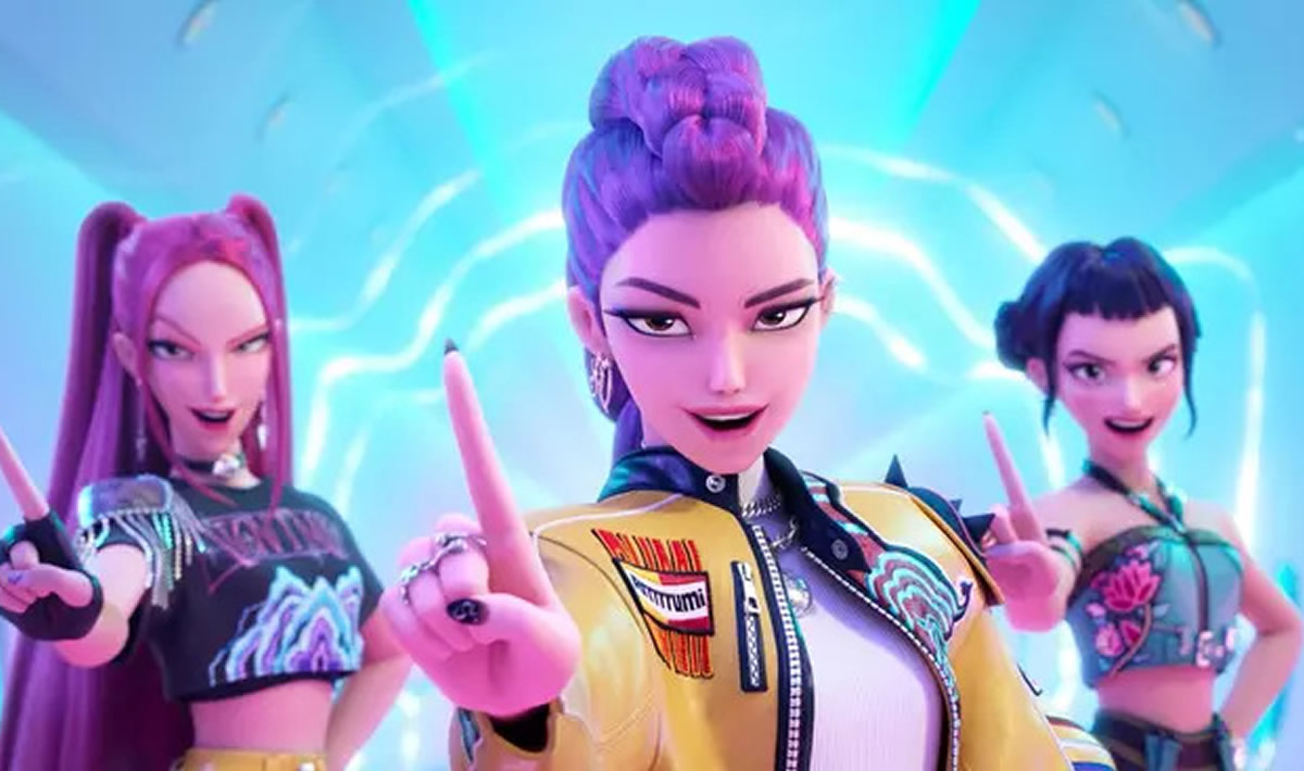 Netflixが公開したこの画像は、ドラマ「K-POPデーモンハンターズ」の一場面で、左からミラ、ルミ、ゾーイの3人のキャラクターが写っている。（Netflix提供、AP通信経由）